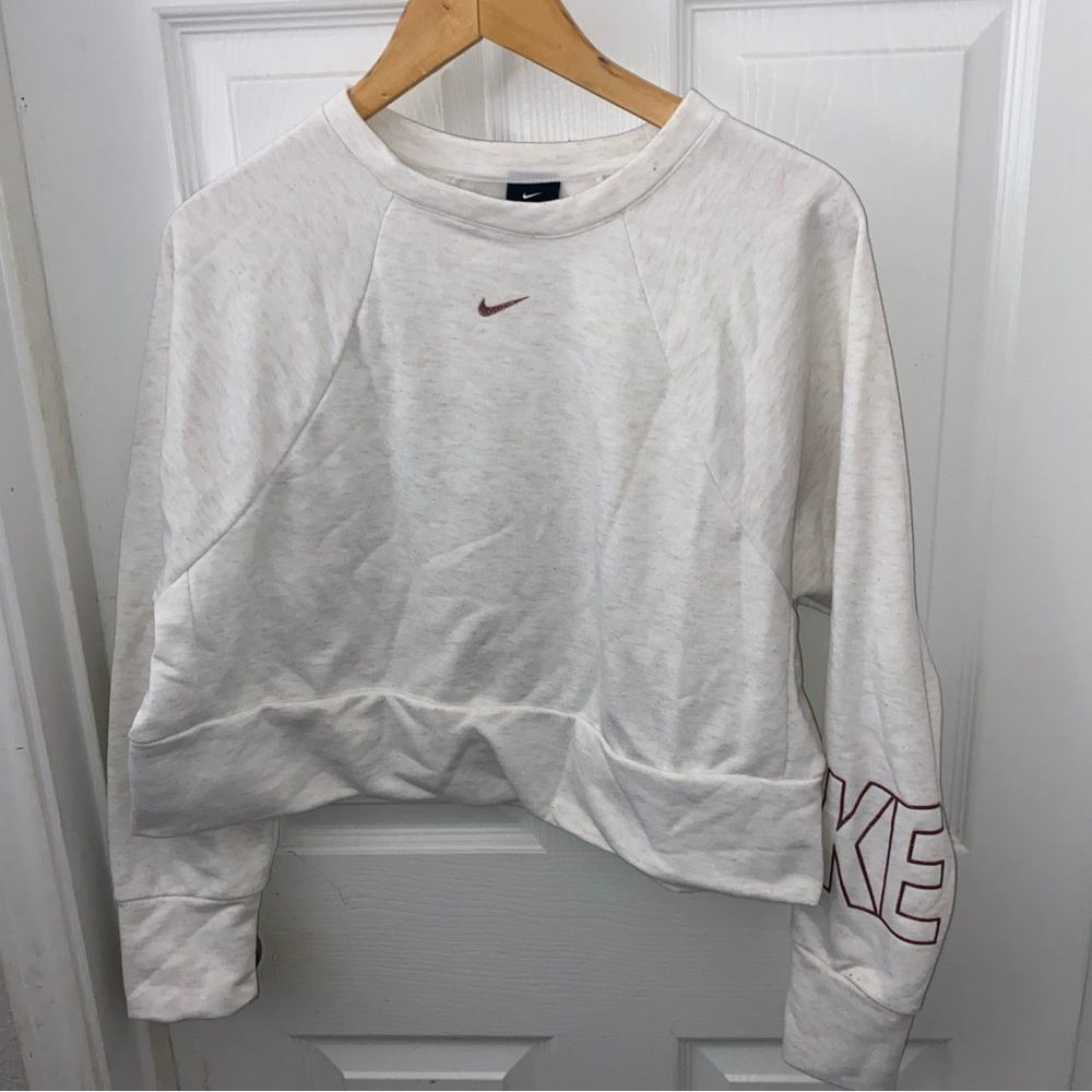 Nike Dri-Fit Sweatshirt Swoosh Cream Cropped Embroidered SweatShirt Women Medium